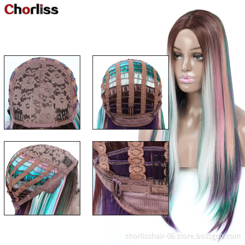 Hot Sale 24inch Win Red Rainbow Long Straight Hair Wig Ombre Heat Resistant Full Cheap Woman Synthetic Hair Wigs Cosplay